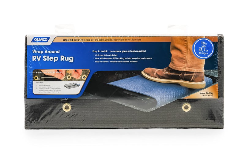 Camco 42907 Gray Premium Wrap Around RV Step Rug (100% Polyester (17.5" x 18")) - Image 1