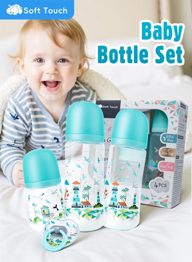 Soft Touch 4 Pcs Baby Feeding Bottle Set, Newborn Gift Set with 3 Feeding Bottles(150/330 ml) and Pacifier, BPA Free, Baby Bottle Starter Kit for 0+ months Baby (Green)