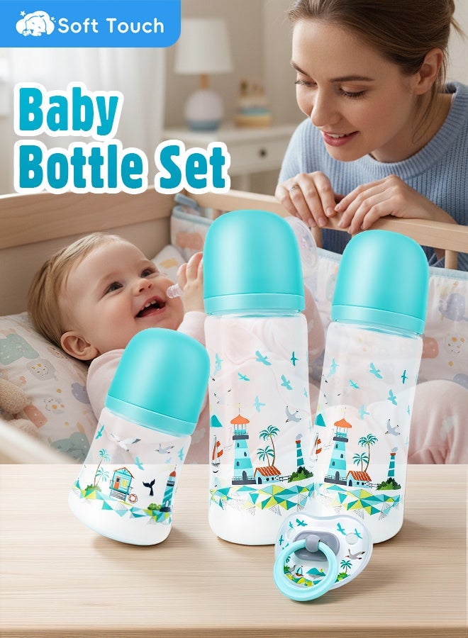 Soft Touch 4 Pcs Baby Feeding Bottle Set, Newborn Gift Set with 3 Feeding Bottles(150/330 ml) and Pacifier, BPA Free, Baby Bottle Starter Kit for 0+ months Baby (Green) - Image 2