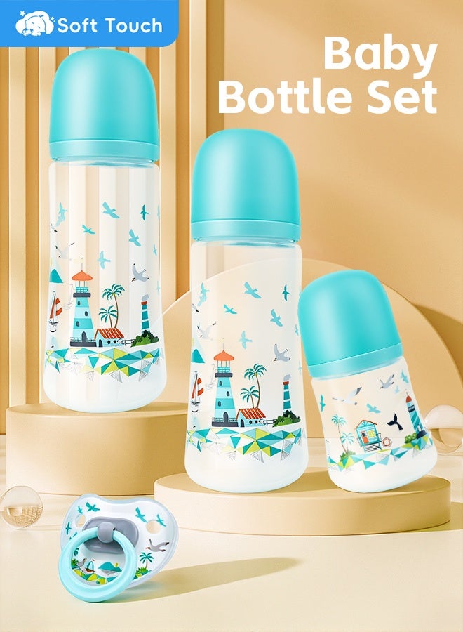 Soft Touch 4 Pcs Baby Feeding Bottle Set, Newborn Gift Set with 3 Feeding Bottles(150/330 ml) and Pacifier, BPA Free, Baby Bottle Starter Kit for 0+ months Baby (Green) - Image 3