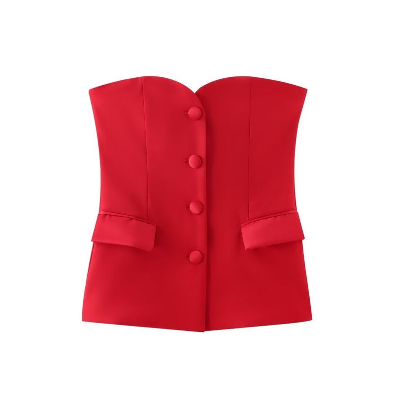 2024 womens silk satin texture stitching tight top 8881593 split stitching skirt trousers set 2287595 Red tube top