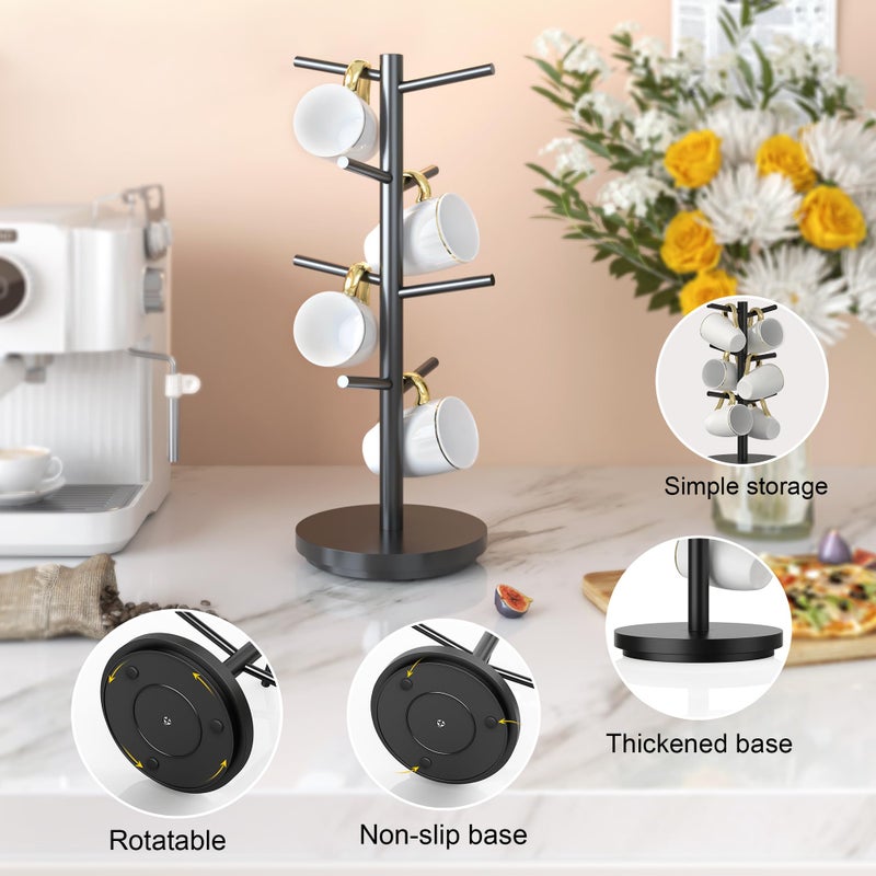 Wisuce Coffee Mug Holder Tree Upgraded 360Rotated Cup Holder for Counter Black Wood Cup Tree Mug Rack Organizer Stand with 8 Hooks for Kitchen Coffee Bar Accessories - Image 5