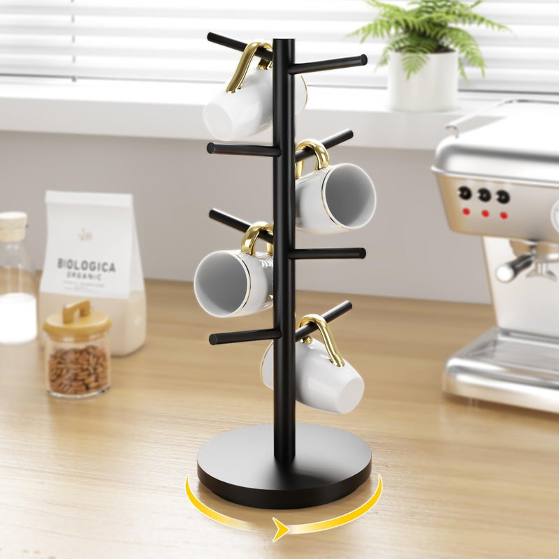 Wisuce Coffee Mug Holder Tree Upgraded 360Rotated Cup Holder for Counter Black Wood Cup Tree Mug Rack Organizer Stand with 8 Hooks for Kitchen Coffee Bar Accessories - Image 2