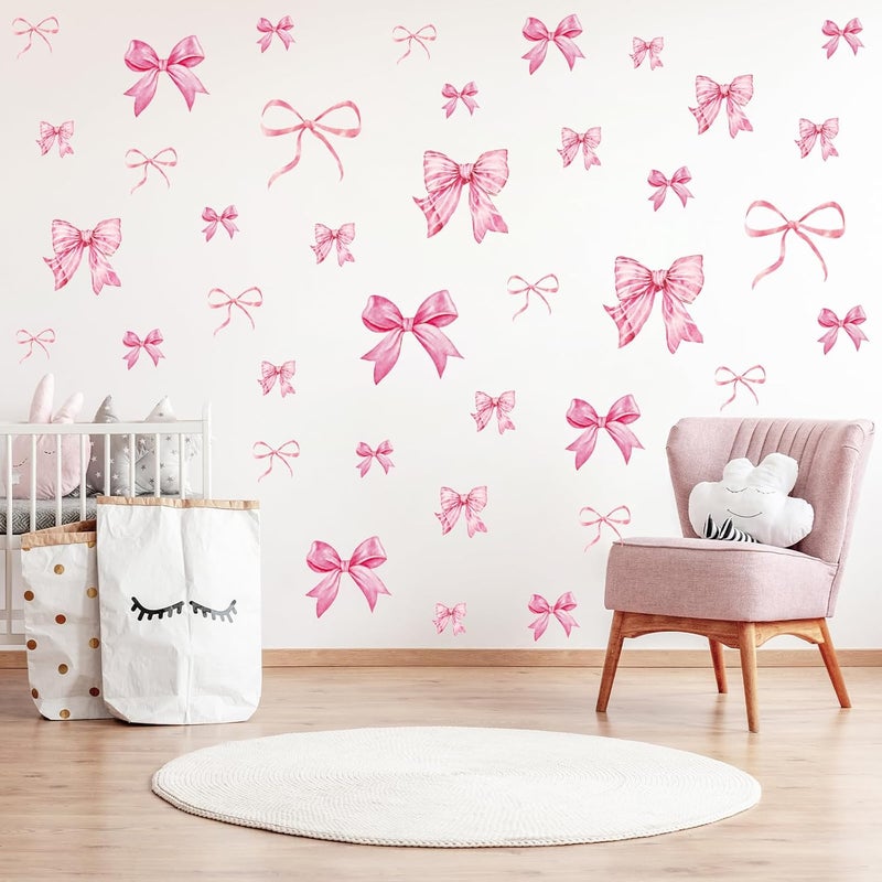 Whaline ملصقات حائط وردية عصرية من واهلين 12 ورقة على شكل bows باللون الوردي الفاتح ملصقات جدارية مائية لغرفة الأطفال حفلة عيد الحب 79 × 118 بوصة - Image 4