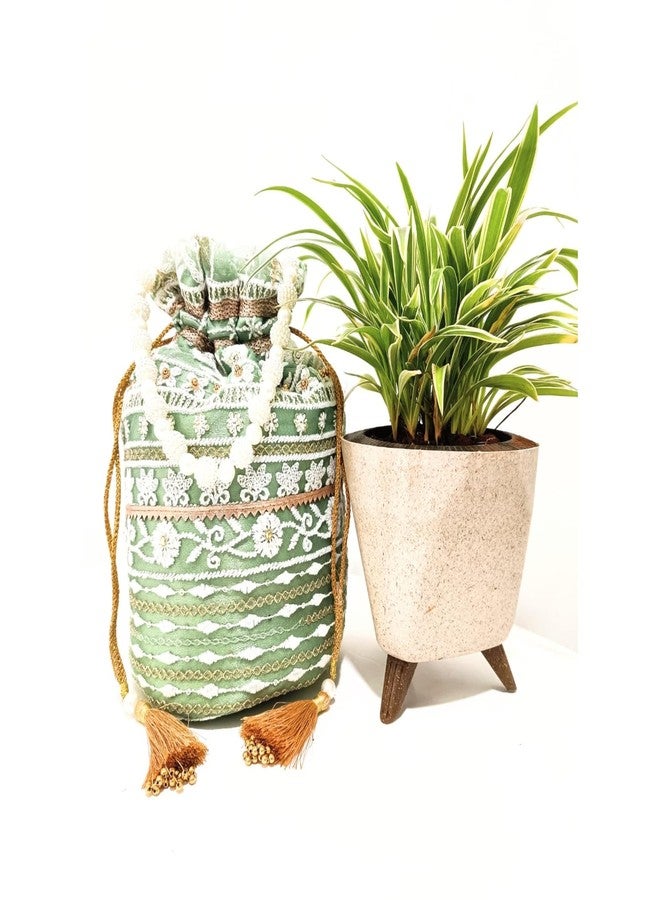 AAIKU Handcrafted Wedding Designer Fashion Potli | Moti Pearl Handle with Tassel Dori Golden and White Embroidery Work for Women and Girl, Color Pista-Green, Easy Hand Wash Bag - Image 3