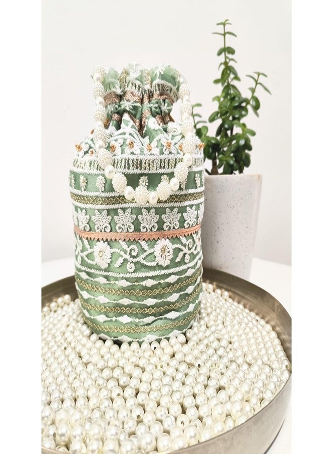AAIKU Handcrafted Wedding Designer Fashion Potli | Moti Pearl Handle with Tassel Dori Golden and White Embroidery Work for Women and Girl, Color Pista-Green, Easy Hand Wash Bag - Image 2