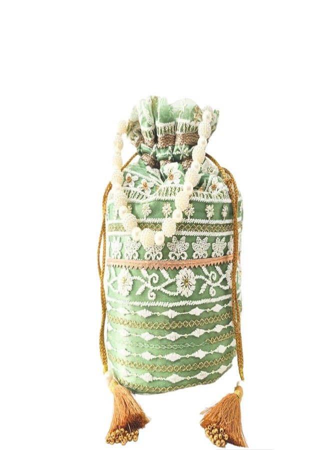 AAIKU Handcrafted Wedding Designer Fashion Potli | Moti Pearl Handle with Tassel Dori Golden and White Embroidery Work for Women and Girl, Color Pista-Green, Easy Hand Wash Bag - Image 1