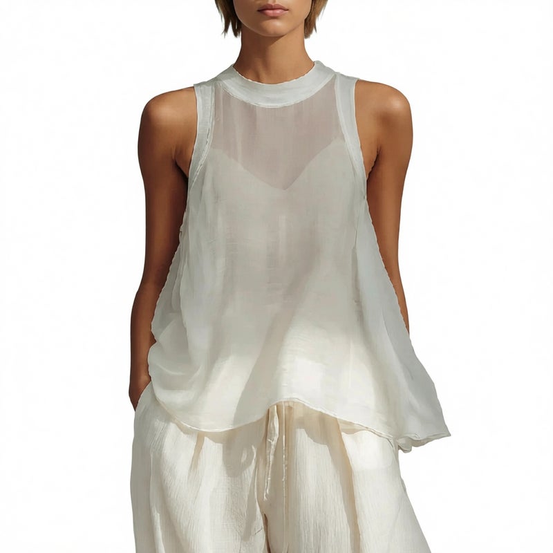 بلوزة شفافة فضفاضة بدون أكمام مع بنطال واسع برباط، طقم قطعتين - Image 2