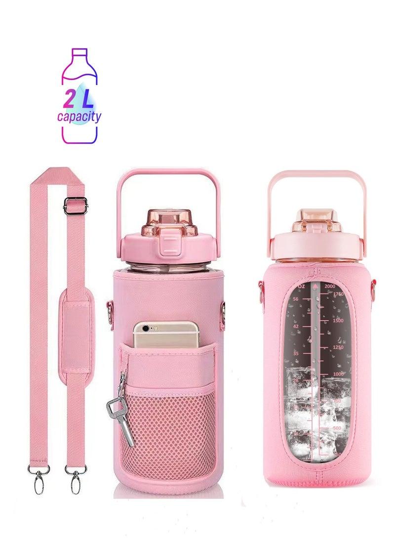 SYOSI Inspirational Water Bottle with Straw & Time Marker to Drink, Leakproof BPA Free Sport Water Jug, 2000ML Half Gallon Water Bottle with Sleeve for Daily Workout Gym Sport, Pink - Image 1