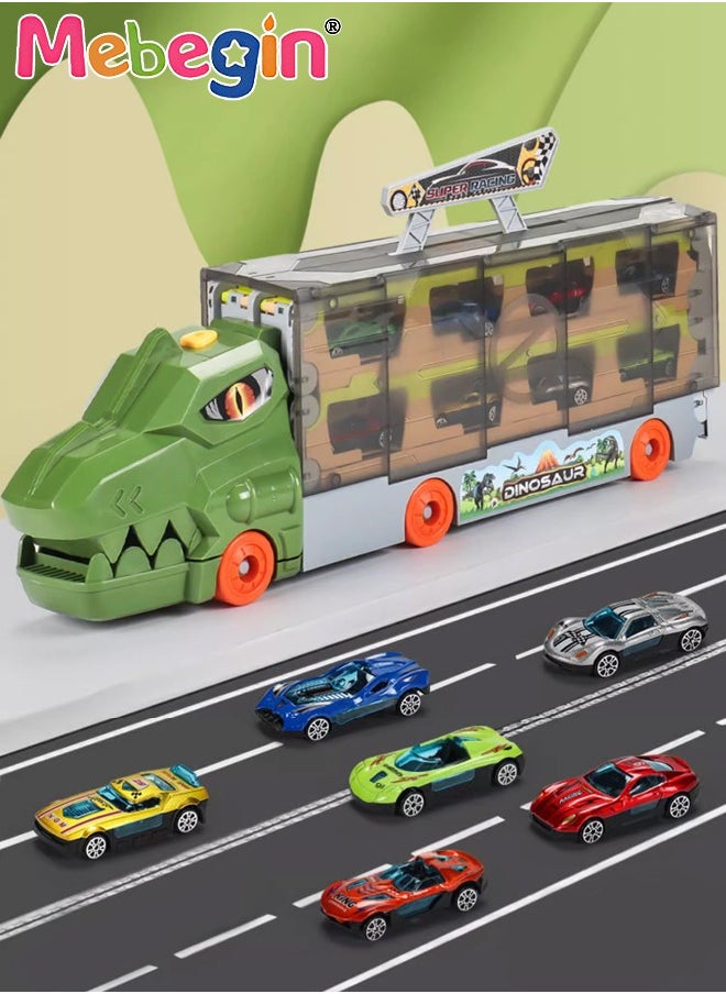 MEBEGIN - Carrier Trucks Toys, Dinosaur Track Storage Car with Folding Track, Multifunctional Folding Storage Cart Playset with 6 Sliding Cars and Rich Accessaries, Dino Track Vehicle, Ideal Gift for Kids Aged 3+ - Image 1