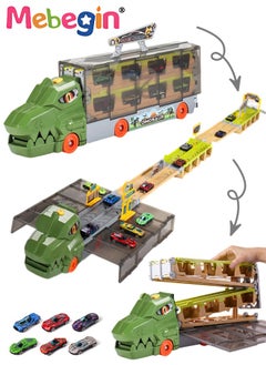 MEBEGIN Carrier Trucks Toys, Dinosaur Track Storage Car with Folding Track, Multifunctional Folding Storage Cart Playset with 6 Sliding Cars and Rich Accessaries, Dino Track Vehicle, Ideal Gift for Kids Aged 3+  - Image 1