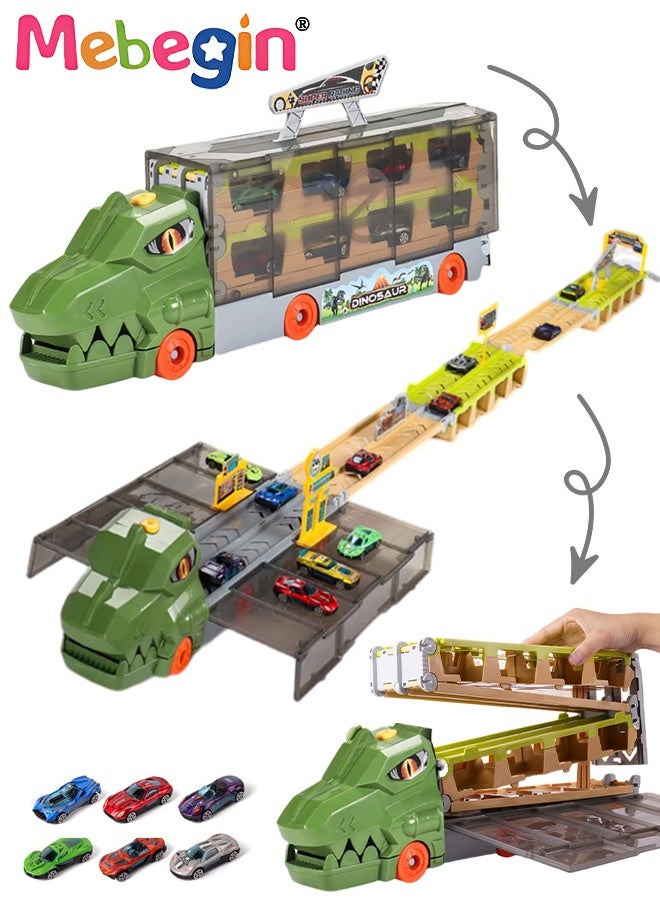 MEBEGIN Carrier Trucks Toys, Dinosaur Track Storage Car with Folding Track, Multifunctional Folding Storage Cart Playset with 6 Sliding Cars and Rich Accessaries, Dino Track Vehicle, Ideal Gift for Kids Aged 3+  - Image 1