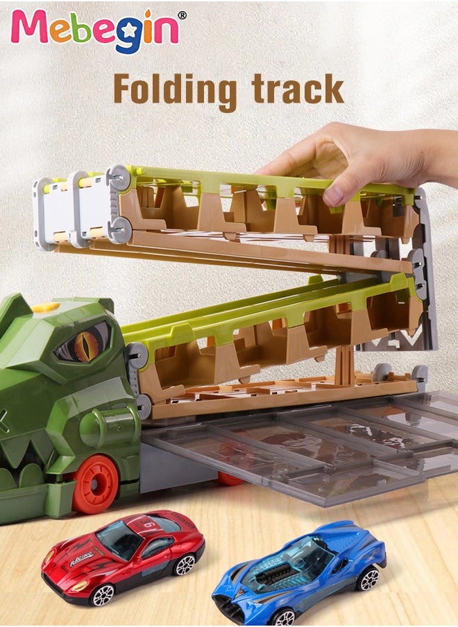 MEBEGIN - Carrier Trucks Toys, Dinosaur Track Storage Car with Folding Track, Multifunctional Folding Storage Cart Playset with 6 Sliding Cars and Rich Accessaries, Dino Track Vehicle, Ideal Gift for Kids Aged 3+ - Image 1