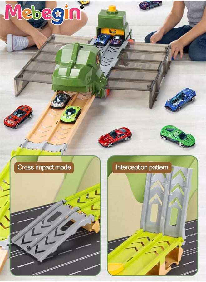 MEBEGIN Carrier Trucks Toys, Dinosaur Track Storage Car with Folding Track, Multifunctional Folding Storage Cart Playset with 6 Sliding Cars and Rich Accessaries, Dino Track Vehicle, Ideal Gift for Kids Aged 3+  - Image 2