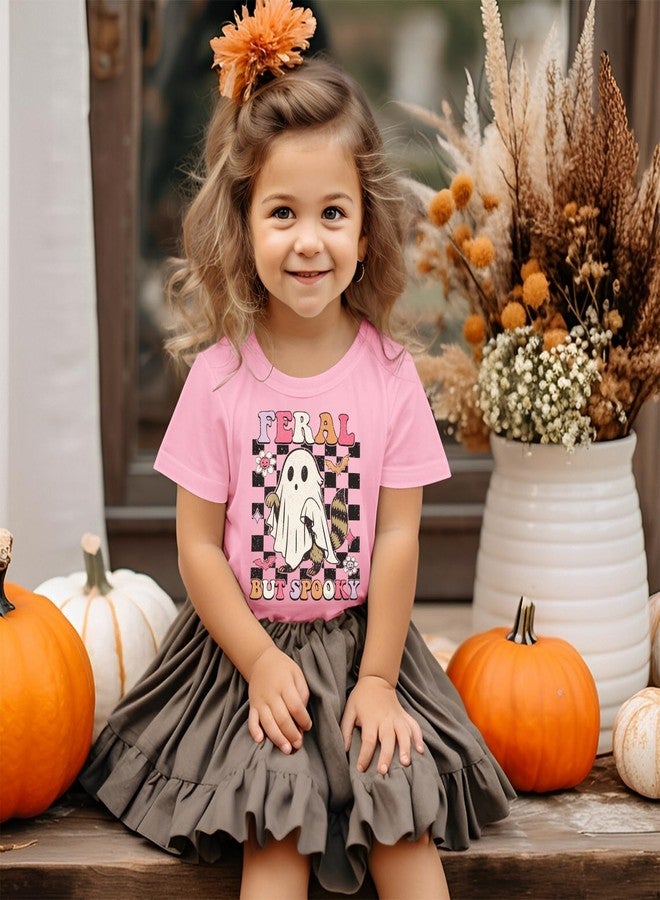 KEKEMI Toddler Baby Girl Halloween Shirt Feral But Spooky T-Shirt Ghost Spooky Season Outfit Cute Short Sleeve Tees Fall Tops(Pink,2-3T) - Image 4