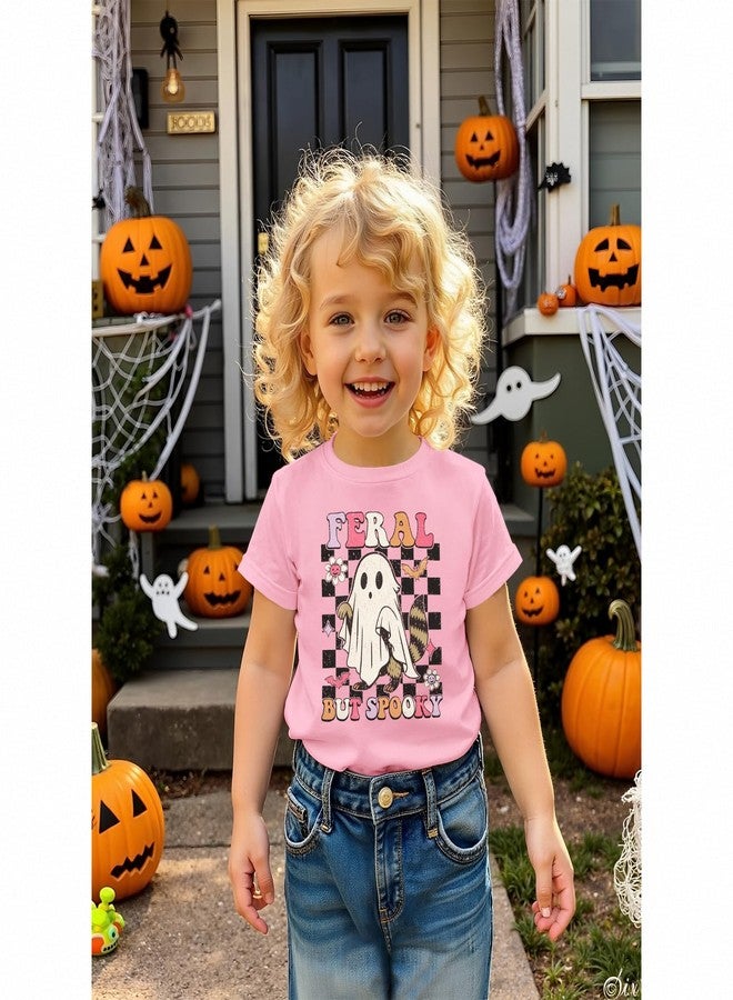 KEKEMI Toddler Baby Girl Halloween Shirt Feral But Spooky T-Shirt Ghost Spooky Season Outfit Cute Short Sleeve Tees Fall Tops(Pink,2-3T) - Image 2