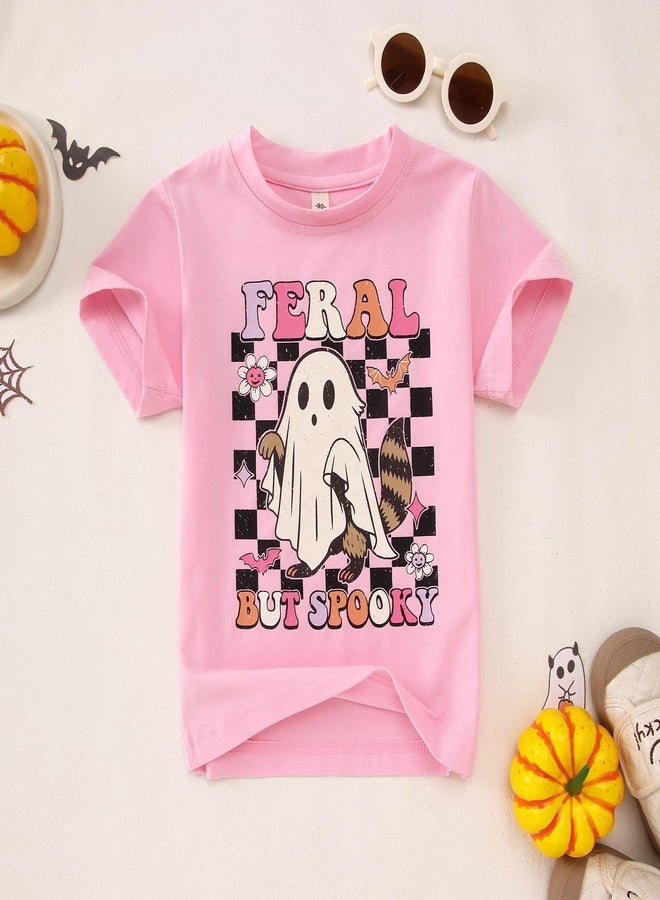 KEKEMI Toddler Baby Girl Halloween Shirt Feral But Spooky T-Shirt Ghost Spooky Season Outfit Cute Short Sleeve Tees Fall Tops(Pink,2-3T) - Image 5