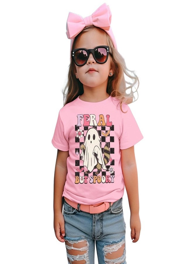 KEKEMI Toddler Baby Girl Halloween Shirt Feral But Spooky T-Shirt Ghost Spooky Season Outfit Cute Short Sleeve Tees Fall Tops(Pink,2-3T) - Image 1