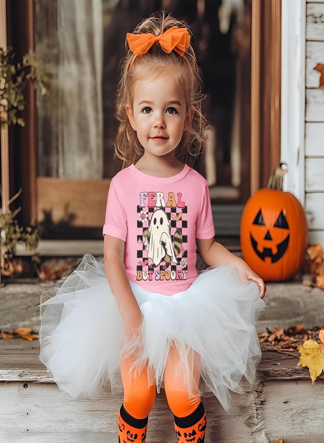 KEKEMI Toddler Baby Girl Halloween Shirt Feral But Spooky T-Shirt Ghost Spooky Season Outfit Cute Short Sleeve Tees Fall Tops(Pink,2-3T) - Image 3
