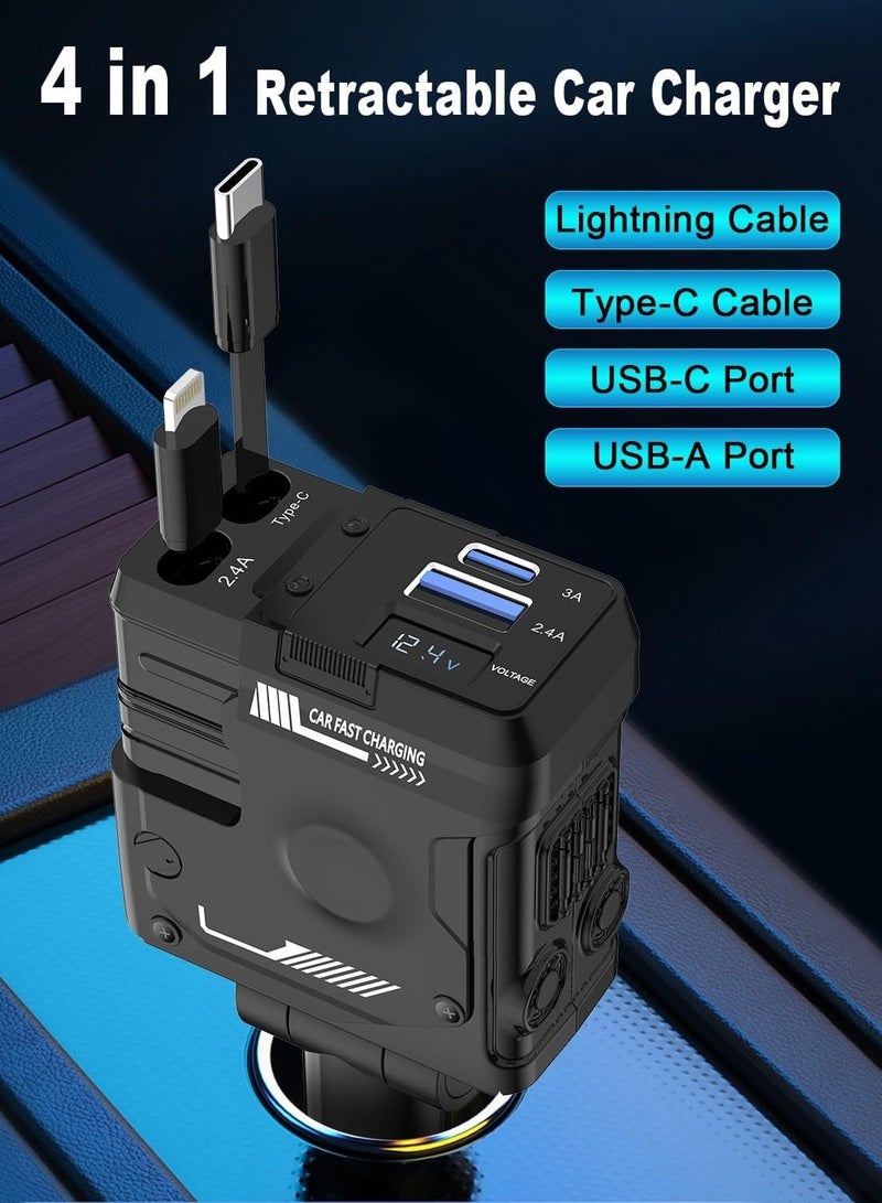 general Retractable Car Charger 4 in 1,Fast Car Charger 66W,2 Retractable Cable with Type-C Ports and USB Charging Ports Upgraded Car Charger for iPhone 15/14/13/12/11,Samsung,Google Pixel - Image 2