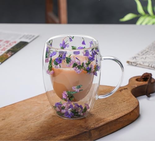 Rain House Double Glass Flower Tea Cup, Aesthetic Preserved Flower Cup, Cute Insulated Tea Cup with Handle, Heat Resistant & Lead-free Coffee Mugs, Gifts for Birthday Mother's Day, Perfect for Women Wife Mom (C) - Image 2