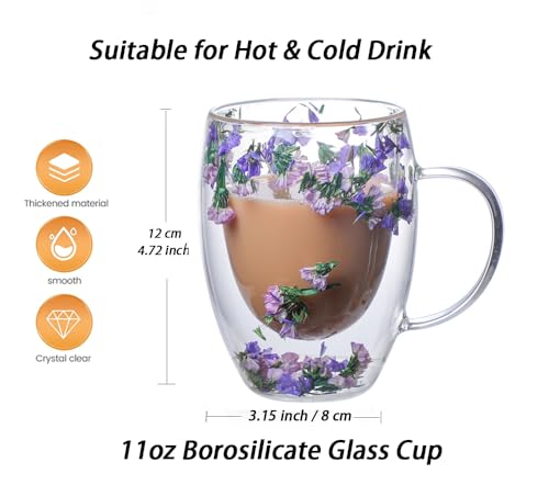 Rain House Double Glass Flower Tea Cup, Aesthetic Preserved Flower Cup, Cute Insulated Tea Cup with Handle, Heat Resistant & Lead-free Coffee Mugs, Gifts for Birthday Mother's Day, Perfect for Women Wife Mom (C) - Image 5