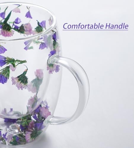 Rain House Double Glass Flower Tea Cup, Aesthetic Preserved Flower Cup, Cute Insulated Tea Cup with Handle, Heat Resistant & Lead-free Coffee Mugs, Gifts for Birthday Mother's Day, Perfect for Women Wife Mom (C) - Image 3