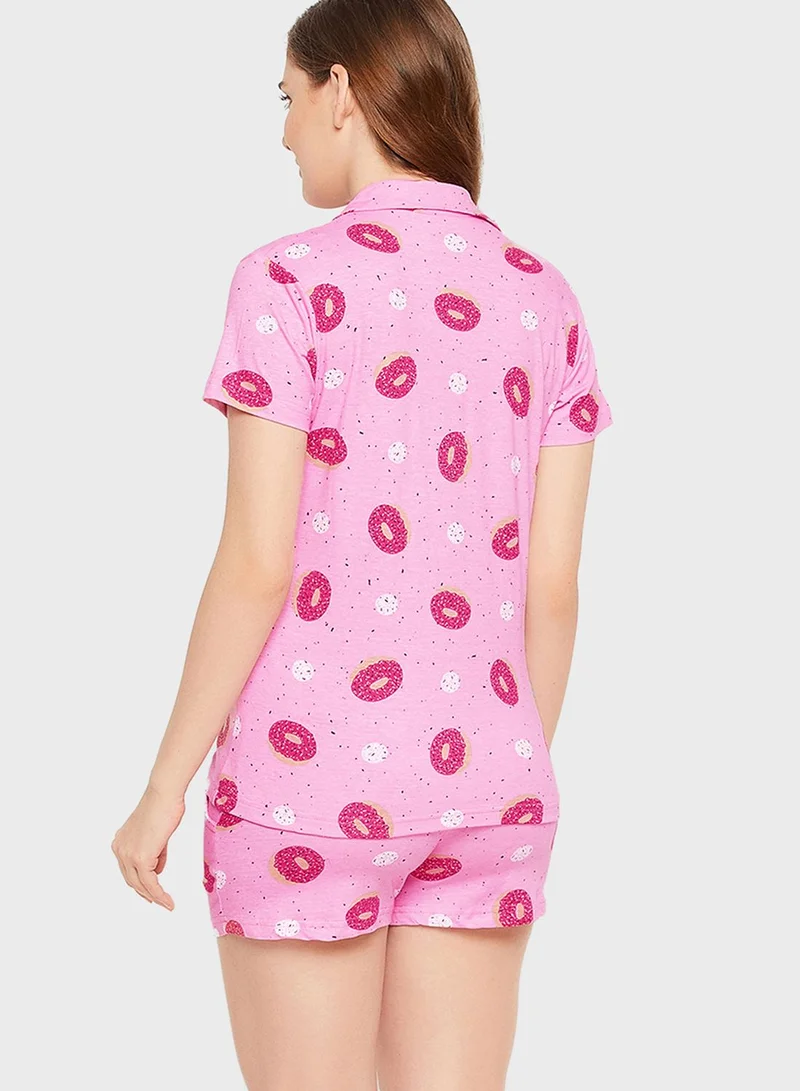 Clovia Donut Print Button Me Up Shirt & Shorts Set - 100% Cotton