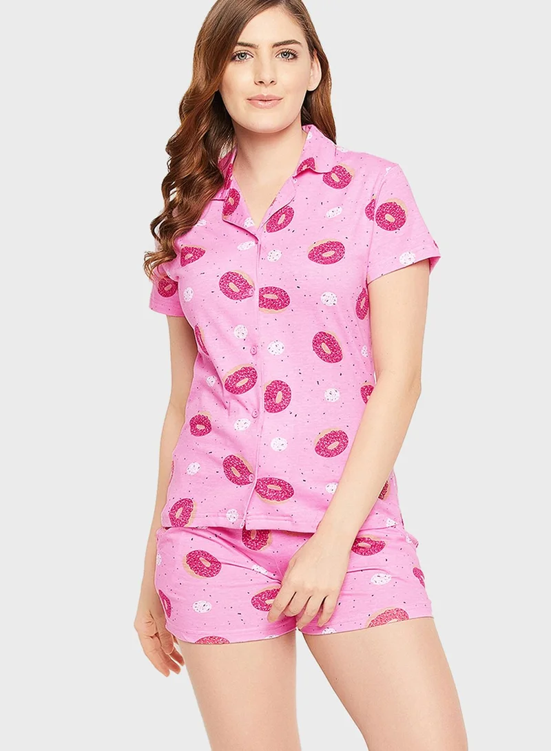 Clovia Donut Print Button Me Up Shirt & Shorts Set - 100% Cotton