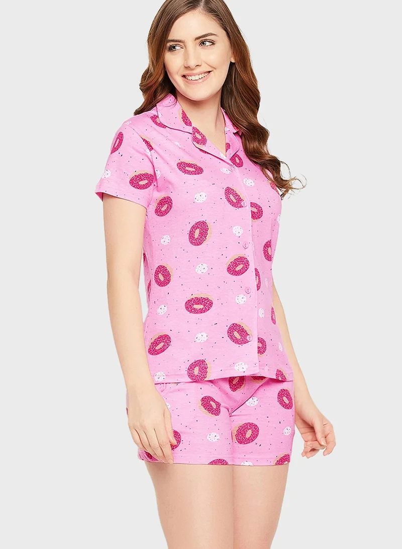 Clovia Donut Print Button Me Up Shirt & Shorts Set - 100% Cotton