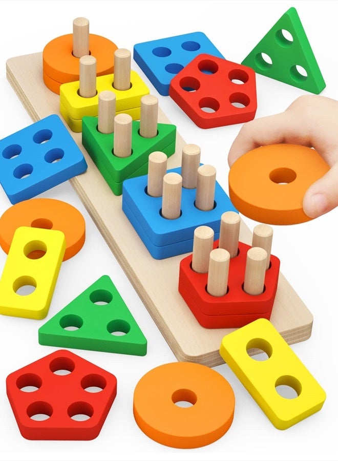 PEBIRA Montessori Toys for 1 to 3-Year-Old Boys Girls Toddlers and Kids Preschool, Wooden Sorting & Stacking Educational Toys, Color Recognition Stacker Shape Sorter, Learning Puzzles Gift - Image 1