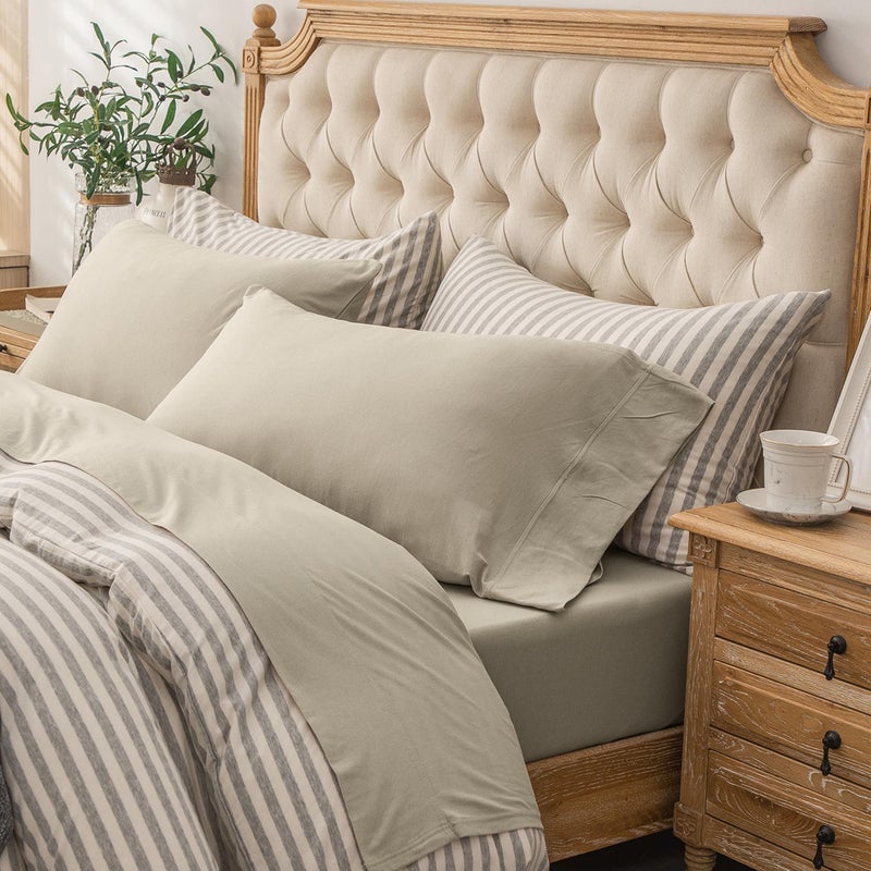PURE ERA PURE ERA Jersey Knit 4pc Bed Sheet Set 100% T-Shirt Heather Cotton Super Soft Comfy Breathable Fits Mattress Up to 20"" Extra Deep Pocket (Dark Beige Cal King)  - Image 1