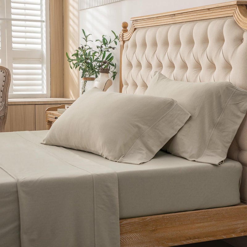 PURE ERA PURE ERA Jersey Knit 4pc Bed Sheet Set 100% T-Shirt Heather Cotton Super Soft Comfy Breathable Fits Mattress Up to 20"" Extra Deep Pocket (Dark Beige Cal King)  - Image 5