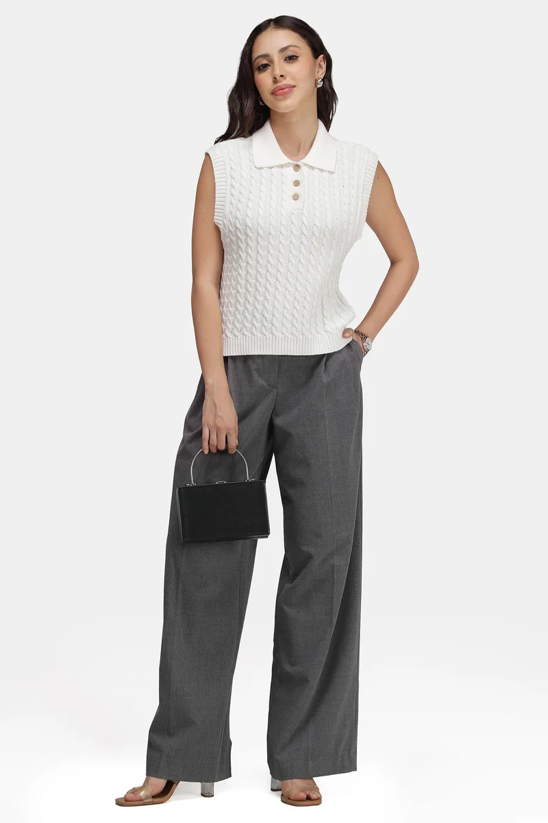 فيرجيو Solid Cotton Cable-Knit Polo Sweater Vest for Women