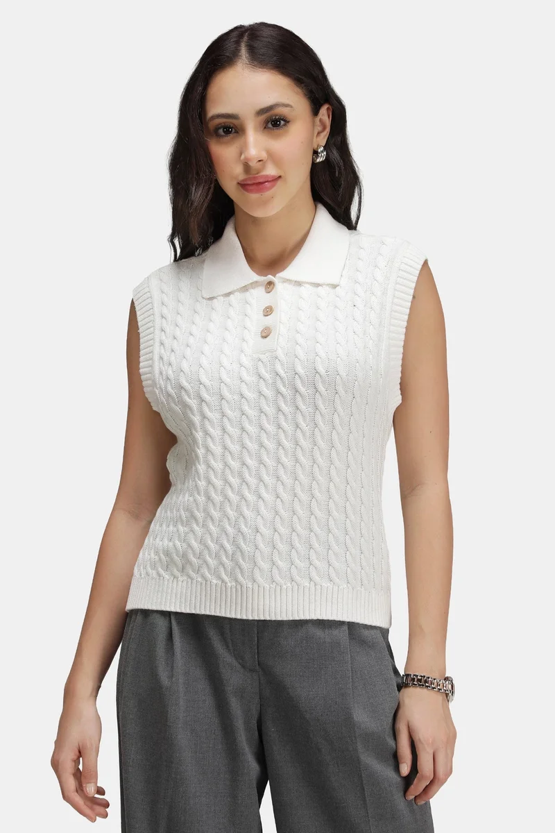 فيرجيو Solid Cotton Cable-Knit Polo Sweater Vest for Women