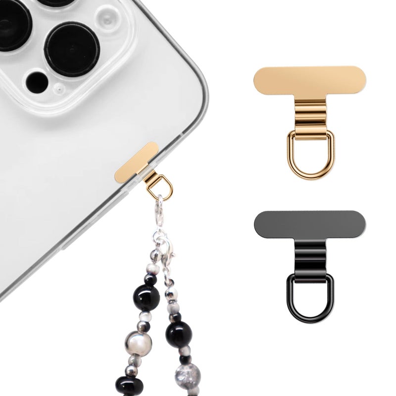 saxsion Phone Charm Holder, Mini Metal Tether Tab - Ultra Thin Stainless Steel Lanyard Patch for iPhone, Universal Wrist Strap & Crossbody Lanyard Clip (Champagne Gold+black) - Image 1
