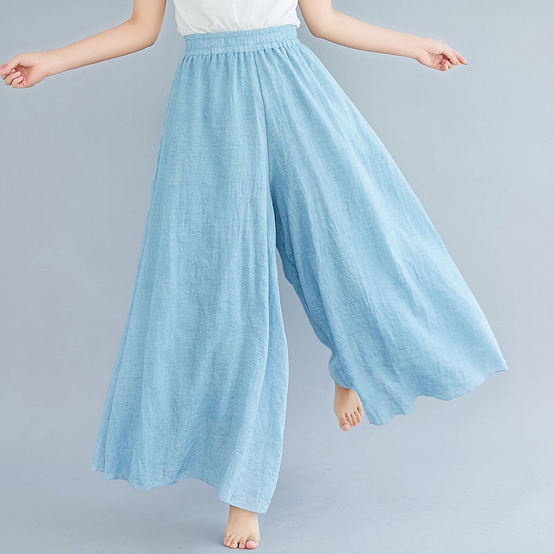 2023 Mori girl artistic plus size cotton and linen pantskirt elastic waist linen solid color ethnic style large swing pantskirt Light blue
