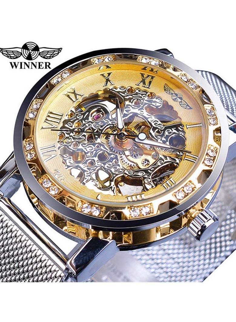 وينر ساعة رجالية ميكانيكية يدوية، كلاسيكية، أنيقة، عصرية، كاجوال، بسوار شبكي مجوف مرصع بأحجار الراين