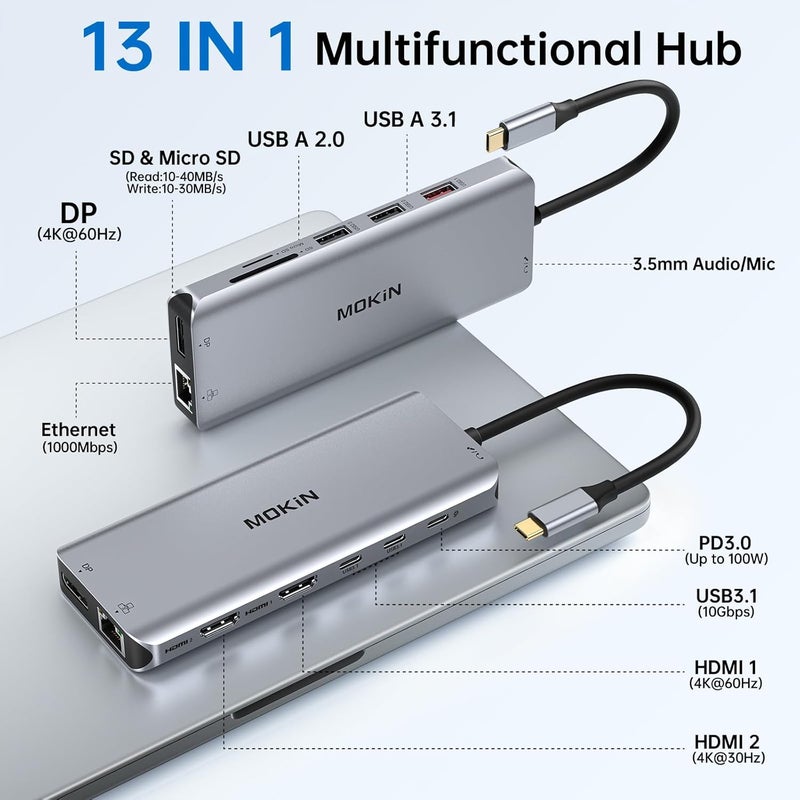 MOKiN USB C Docking Station 3 Monitors USB C Hub Laptop Dual Monitor Multiport Adapter Dock Dongle,USBC to 2 HDMI,DisplayPort,PD Charging,Ethernet,5 USBC/A Ports,SD/MicroSD,Audio for Dell/HP/Lenovo - Image 2