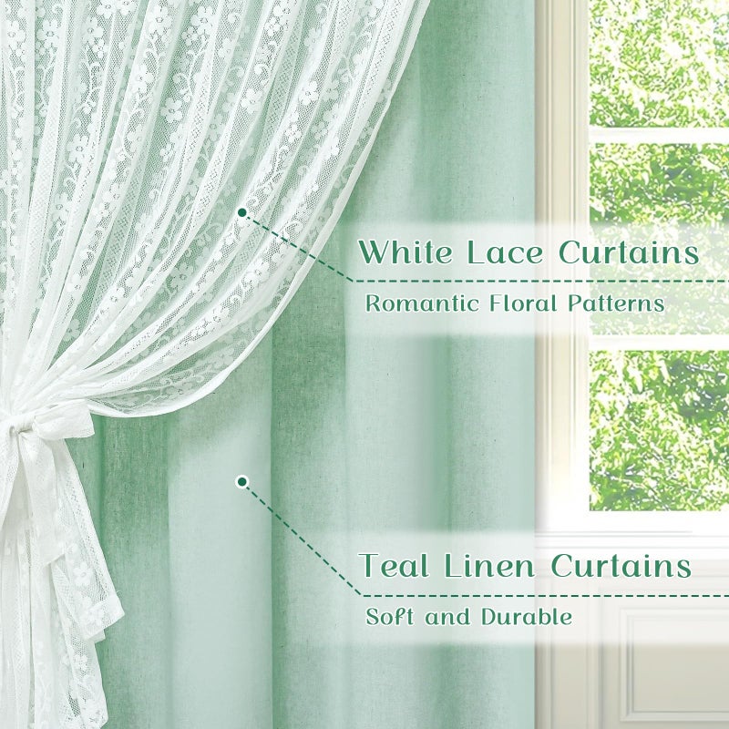 ASPMIZ Linen Curtains for Bedroom Double Layer Curtain 63 Inch Length 2 Panels, Farmhouse Rod Pocket Drapes with Tiebacks, Light Filtering Window Treatment for Living Room, 52 x 63 Inch, Mint Green - Image 3