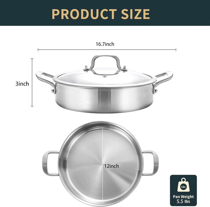 Yeksum 5QT Saute Pan with Lid, 3-Ply Frying pan with Lid large skillet with lid, 12inch Deep Fry Pan, Healthy 18/10 Frying Pan Stainless Steel, Oven & Dishwasher Safe - Image 4