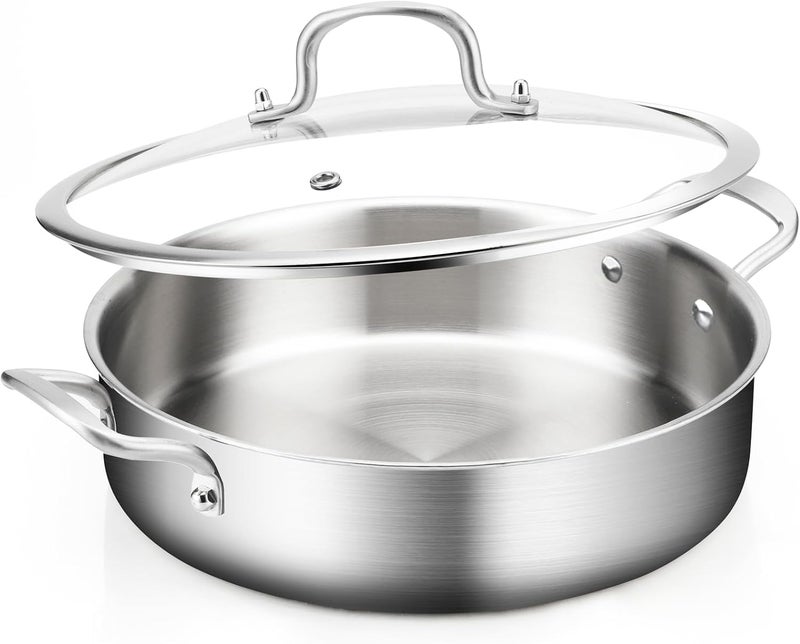 Yeksum 5QT Saute Pan with Lid, 3-Ply Frying pan with Lid large skillet with lid, 12inch Deep Fry Pan, Healthy 18/10 Frying Pan Stainless Steel, Oven & Dishwasher Safe - Image 1