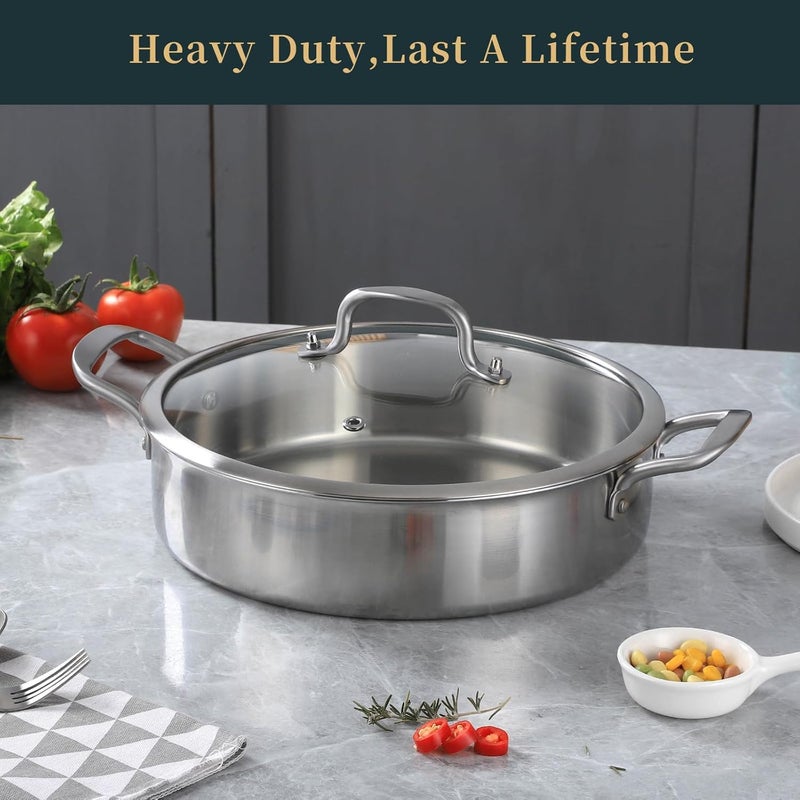 Yeksum 5QT Saute Pan with Lid, 3-Ply Frying pan with Lid large skillet with lid, 12inch Deep Fry Pan, Healthy 18/10 Frying Pan Stainless Steel, Oven & Dishwasher Safe - Image 5