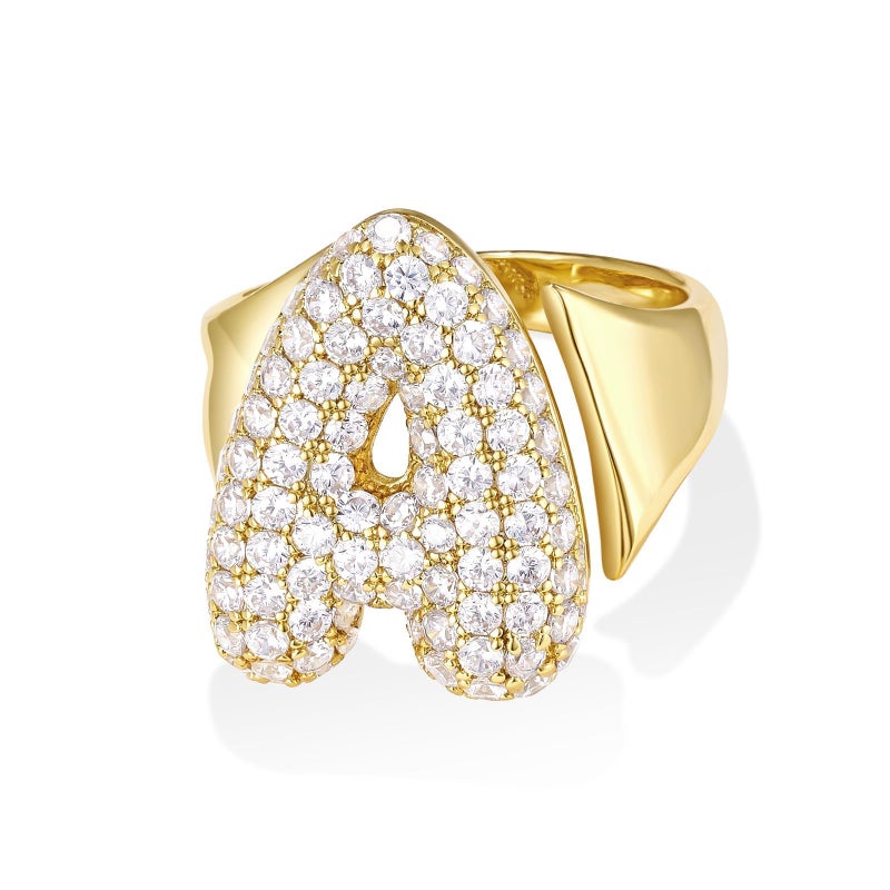 KissYan Bubble Initial Ring for Women, 14k Gold Plate Balloon Jumbo Letter Rings Open Adjustable Dainty Pave CZ Personalized Fashion Trendy Statement Jewelry Gift (Gold A) - Image 1