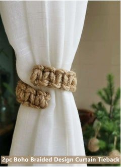 2-Piece Curtain Holdback Boho Braided Design Curtain Tieback Brown Cotton And Linen 8x2 Centimeter