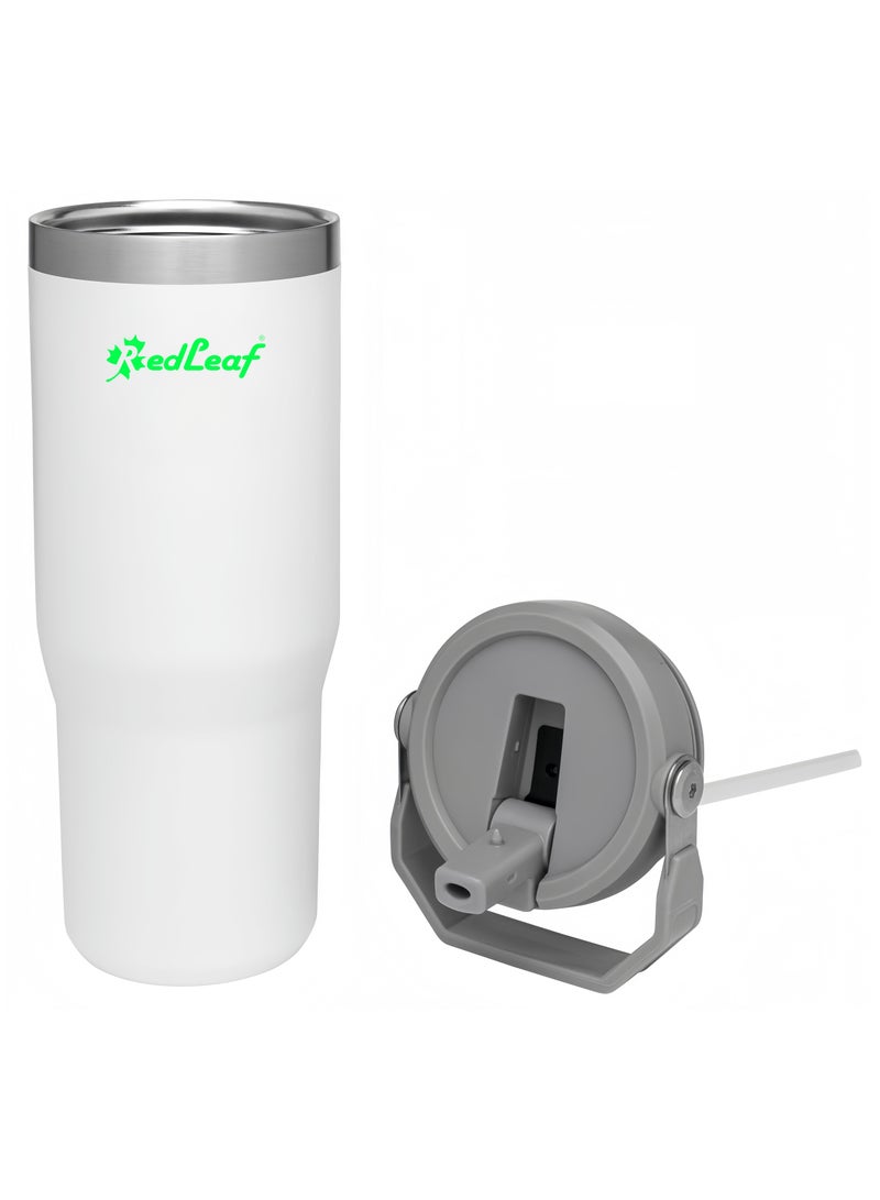 Red Leaf Flip Straw Tumbler with Leakproof Lid 30 oz Cupholder Compatible for Travel | Insulated Stainless Steel Cup | Rose Quartz Solid (White) - Image 2
