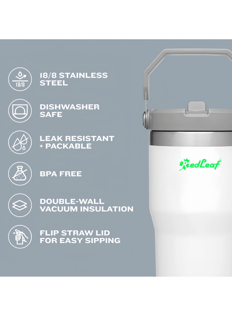 Red Leaf Flip Straw Tumbler with Leakproof Lid 30 oz Cupholder Compatible for Travel | Insulated Stainless Steel Cup | Rose Quartz Solid (White) - Image 3