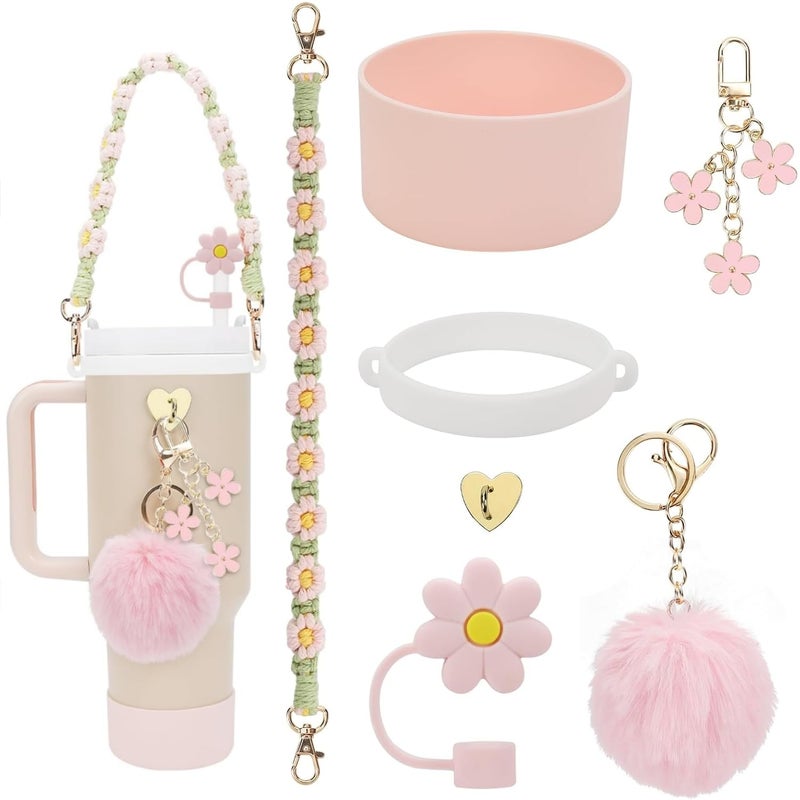 jaexest Universal Tumbler Accessories Kit, Includes Handle Strap, Silicone Protective Sleeve & Straw Cover, Decorative Charms for 30/40oz Travel Mugs （light Pink） - Image 1