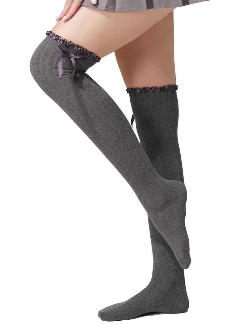 TOCONFFON Women's Girls Thigh High Stockings Over the Knee Socks with Satin Bows(Dark Grey,One Size) - Image 1