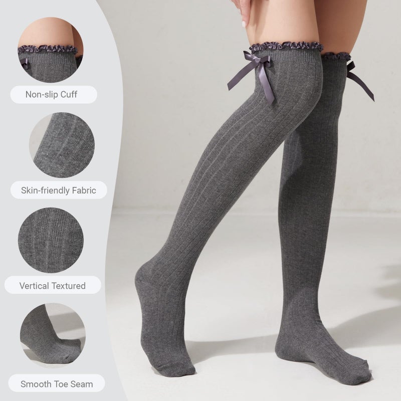 TOCONFFON Women's Girls Thigh High Stockings Over the Knee Socks with Satin Bows(Dark Grey,One Size) - Image 4